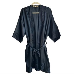 VTG Audrey Lane Med Black Satin Kimono robe Goth Whimsical Old Money